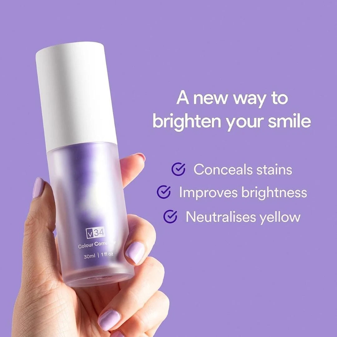 Purple toothpaste on brush showing colour correcting formula