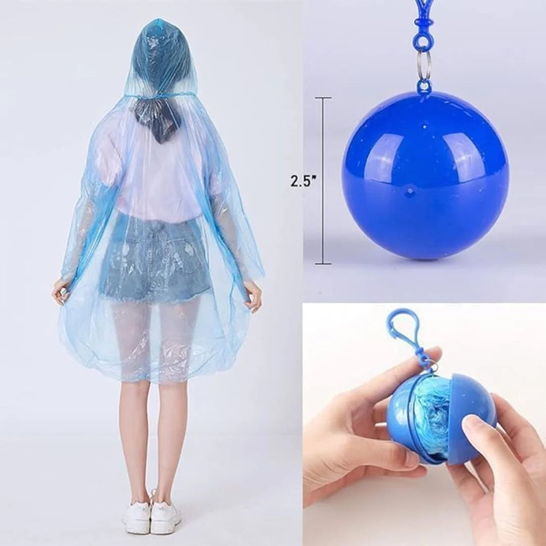 Person wearing mini ball raincoat poncho in rain